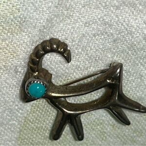 Goat Sand Cast Navajo Sterling Silver Brass Turquoise Pin Brooch Vintage 1” Tiny